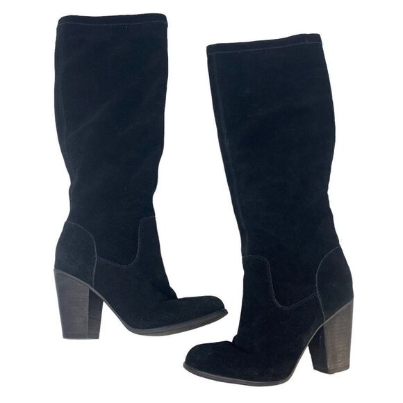 Michael Shannon knee high chunk Heel black leather suede boots Sz US 6.5 157037 - Picture 1 of 15